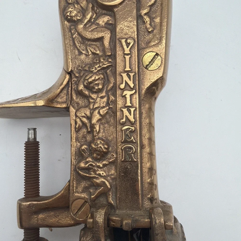 Vintner Brass Wine Bottle Opener Solid Table Mount Corkscrew Cork Cherub Design